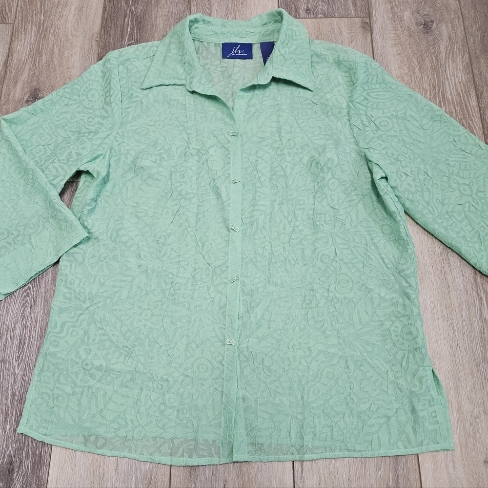 JH Collectables Semi Sheer Button Up Blouse Green Floral Bight Women's Medium